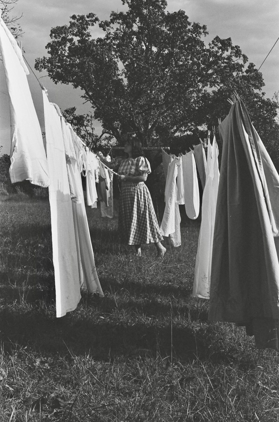 Mattie Schell in a gingham dress among white sheets drying on a clothesline, a big oak tree behind her